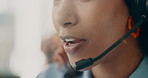Headset, woman and mouth of call center consultant in office with communication, contact us or crm. Mic, talking and technical support agent with customer service, discussion or helpdesk in workplace