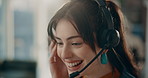 Business woman, consultant and discussion with headset in call center office for online advice. Happy, female person or agent with smile or mic for virtual assistance or remote help in workplace