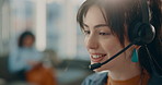 Headset, talking and woman call center consultant in office with communication, contact us or crm. Mic, job and technical support agent with customer service, discussion or help desk in workplace.