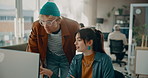Creative, people or computer with advice in office for story headline, article review or fast checking. Teamwork, journalist and help intern with news report or proofreading blog at publishing agency