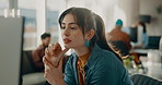 Thinking, computer and reading with business woman in office for web designer, planning and idea. Homepage layout, vision and creative with frontend developer or person in tech startup for update