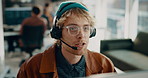 Man, computer and talking on headset in call center for customer support, online query and help. Coworking, agent and laughing with microphone for account management, funny client or order processing