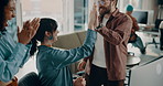 Happy, people and computer with high five at call centre for success, bonus and crm achievement. Excited, staff or applause with pc for sales goals, client feedback and congratulations as team winner