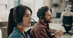 Woman, team and talking on headset in call center for customer service, contact us or funny client. Coworking, friendly agent or laughing with microphone for account management and online assistance