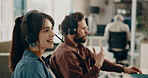 Woman, people and headset in call center for telemarketing, communication and outbound sales. Marketing agent, technology and coworking space in agency with discussion, lead generation and connection