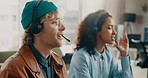 Man, people and headset in call center for communication, telemarketing and outbound sales. Marketing agent, technology and coworking space in agency with discussion, lead generation and connection
