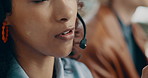Business woman, consultant and mouth with headset in call center office for online advice. Closeup, female person or agent talking with mic for support, virtual assistance or remote help in workplace