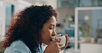 Aroma, drinking coffee and business woman in office for break, calm and peace with scent. Tea, smell and employee with hot beverage, steam and blow cup with espresso or latte to relax in workplace