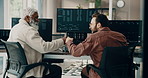 Businessmen, stock market and fist bump with computer in office for finance or investment success. Back view, male people or broker with technology, screen or cryptocurrency for exchange in workplace
