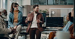 Business, stock market and people with computer, conversation and trading with advice.  Employee, profit growth and teamwork with pc, talking and feedback with exchange, online finance and internet