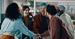 Teamwork, office and business people with hand stack for celebration, success and work victory. Creative agency, partnership and workers in meeting for collaboration, support and solidarity for goals