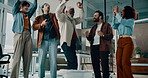 Mature man, office team and applause for dancing, startup and play trashcan basketball for laugh at company. Leader, game and business people with celebration, fun and throw paper at creative agency