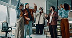 Man, team and paper for basketball at office, startup and play with trashcan for laugh at company. Group, games and business people for celebration, achievement or throw documents at creative agency