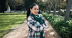 Smile, arms crossed and face of woman in park for university, scholarship or studying. Happy, portrait and confident student outdoor for college, education and campus for knowledge or development
