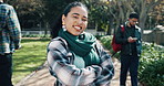 Smile, arms crossed and face of student in park for university, scholarship or studying. Happy, portrait and confident woman outdoor for college, education and campus for knowledge or development