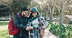 Couple, students and scooter with help, smile and bonding together with break, love and romantic. Campus, university and man with woman, eco friendly and happiness with relationship and growth