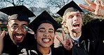 Happy people, graduation and faces with peace sign for selfie, photography or scholarship on campus. Excited students, friends or graduates with smile in POV for class memory or milestone in college