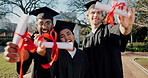 Happy people, students and faces with certificate for graduation or scholarship together on campus. Portrait, graduate or group of friends with diploma qualification in celebration for milestone