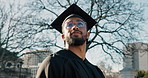 Thinking, graduate and man at university outdoor with idea for future career, opportunity and milestone. Low angle, college and student with inspiration for education, learning and graduation success