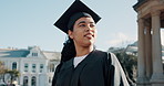 Thinking, graduate and woman at university outdoor for future career, opportunity and scholarship. Low angle, college and happy student with inspiration for education, learning and graduation success