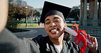 Happy woman, graduation and selfie with certificate for academic achievement or milestone on campus. Female person, student or excited graduate with smile for photography, memory or qualification