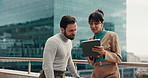 Business, conversation and people in city, tablet and teamwork with investment deal. Outdoor, smile and man with woman, tech and success with email, bonus and support with digital app and feedback
