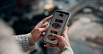 Person, hands and scroll with phone screen for food menu, takeaway or online shopping. Closeup, top view or shopper browsing restaurant with mobile smartphone display for ecommerce app, UI or UX