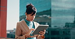 Tablet, walking and business woman in city to scroll email, property development or thinking. Technology, urban planner and outdoor with app for infrastructure, travel and reflection with vision