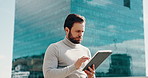 Business, online reading and man in city, tablet and email with budget report, app and connection. Person, outdoor or employee with tech, financial agency or urban town with communication or internet