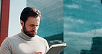 Business, online reading and man with tablet, outdoor and email with budget report, app and connection. Person, consultant or employee with tech, financial agency or urban town with proposal feedback