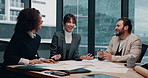 Laughing, people and team with documents, boardroom or planning for property development or project. Business, real estate developer or paperwork for market research, discussion and funding potential
