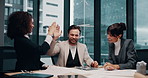 Success, high five and business people on tablet in office for profit, investment and stock increase. Corporate, team and workers on tech with good news for budget approval, promotion and celebrate