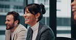 Woman, laugh and happy with team at meeting, office and funny speech with joke at insurance agency. Business people, group and risk management staff with smile, story or ice breaker in boardroom