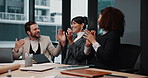 People, applause and meeting with celebration at office for legal solution, announcement or achievement Attorney, man and women with clapping for goal, success and motivation at corporate law firm