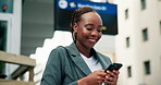 Phone, funny and business woman in city for meme, typing and text contact for insurance. Mobile, smile and African broker outdoor for reading message, laugh and online communication for coverage