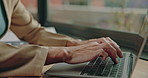 Laptop, typing and hands of person for draft, freelancer schedule or research in cafe. Copywriter, article and editing for project report with remote work for media agency, web magazine or app