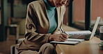 Laptop, notebook and woman with writing for article, freelancer schedule or agenda in cafe. Copywriter, draft and journal for project report with remote work for media agency, web magazine or notes