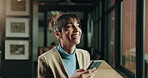 Woman, phone and happy with notification at art gallery for deal, contact or sale for record price. Person, curator or dealer with smartphone, excited or good news for exhibition funding at workplace