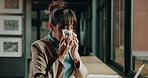 Woman, tissue and sneeze at office with flu, allergies or sick with nasal congestion at art gallery. Person, curator and paper for cleaning blocked nose for cold, mucus and frustrated with hayfever
