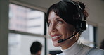 Call center, talking and business woman in office for financial consulting, online insurance and help. Assistant, finance advisor and worker with headset for customer service, crm support and contact