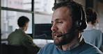 Call center, headset and business man in office for consulting, online help and contact. Professional, company and worker on computer with mic for customer service, crm support and communication