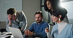 Business stress, group or laptop in meeting with submission fail, missed deadline or disappointed. Editor team, people and tech with concern for article criticism, headline mistake or flare at agency