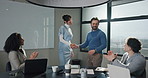 Business, people and applause for man, handshake and happiness for financial success or celebration. Clapping, team and group in boardroom, talk and smile with colleagues and achievement in office