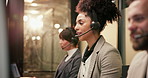 Call center, night and business people with headset in office for insurance claim, help and contact. Coworking, talking and woman on computer for customer service, financial advice or online support
