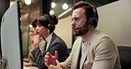 Call center, team and business people with headset in office for insurance claim, help and contact. Coworking, talking and man on computer for customer service, financial advice or online support