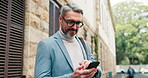 Tablet, thinking and smile with business man in city for attorney email, legal advice and idea. Lawyer, court report and reflection with mature person for case feedback and litigation update