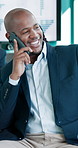 Finance, phone call and thinking with business black man in office for conversation or update. Communication, smile and vision with financial employee in workplace for stock market trading advice