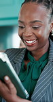 Tablet, laughing and black woman in office with research for finance report with company budget. Happy, digital technology and African female financial advisor with investment proposal in workplace.