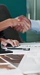 Handshake, signature and business people with documents for finance, agreement or partnership. Paperwork, shaking hands and financial advisor with female client for investment negotiation in office.