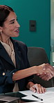 Happy, business people or documents with handshake for signature, contract agreement or partnership. Woman, man and shaking hands with paperwork or signing for legal advice, b2b or deal in workplace